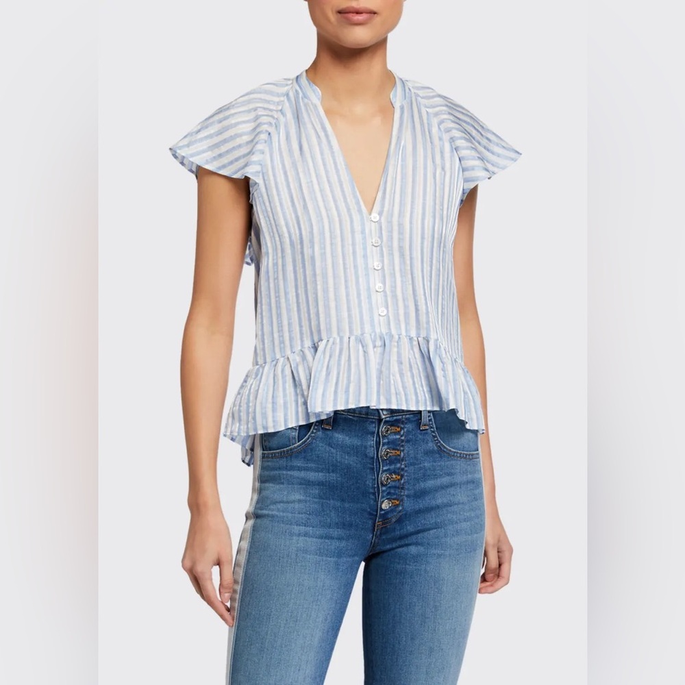 Veronica Beard Hilo Peplum Blue and White Striped Short Sleeve Blouse